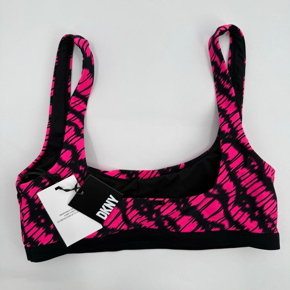 DKNY Bikini Top Size Medium NWT Printed Square Neck Hot Pink Black Swim Sporty - Picture 2 of 13